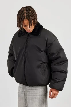 Oversized Bomber With Fur Collar - Black