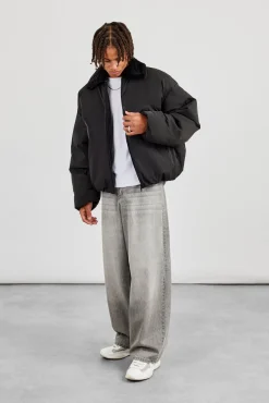 Oversized Bomber With Fur Collar - Black