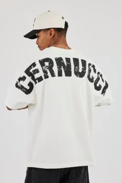 Oversized Cernucci Distressed Graphic T-Shirt - Off White