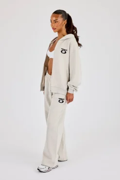 Oversized Embroidered Moto Zip Hoodie & Wide Leg Jogger - Ash Grey