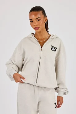 Oversized Embroidered Moto Zip Hoodie - Ash Grey