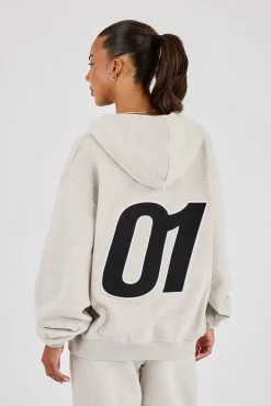 Oversized Embroidered Moto Zip Hoodie - Ash Grey