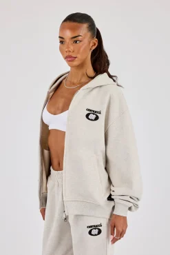 Oversized Embroidered Moto Zip Hoodie - Ash Grey