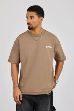 Oversized Gothic Print T-Shirt - Taupe