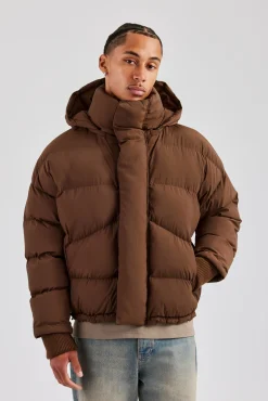 Oversized Hooded Puffer Jacket - Brown