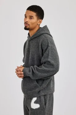 Oversized Knitted Intarsia Hoodie - Charcoal