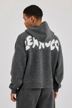 Oversized Knitted Intarsia Hoodie - Charcoal