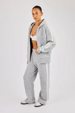Oversized Knitted Stripe Zip Through & Wide Leg Jogger - Grey