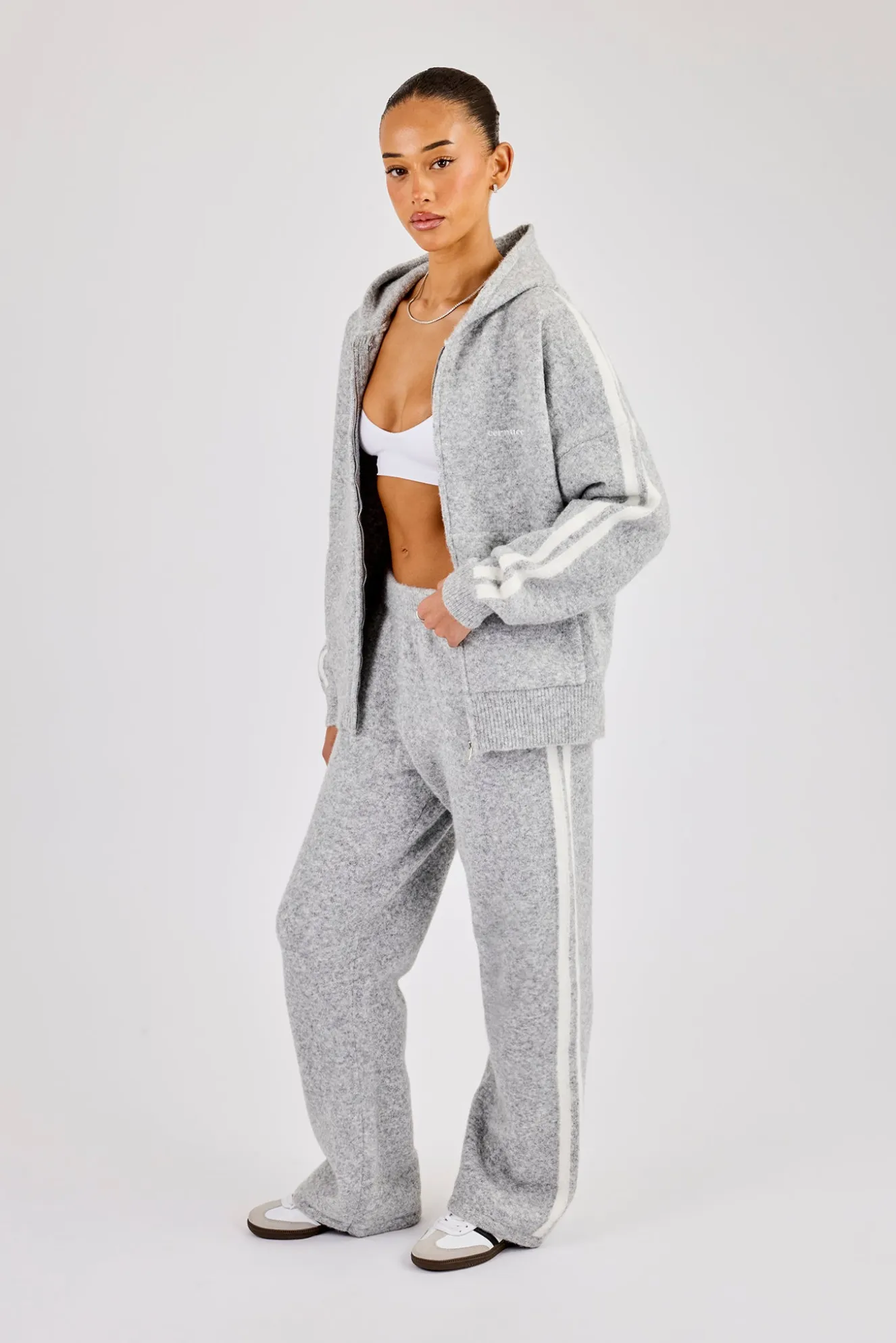Oversized Knitted Stripe Zip Through & Wide Leg Jogger - Grey