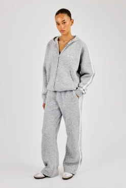 Oversized Knitted Stripe Zip Through & Wide Leg Jogger - Grey