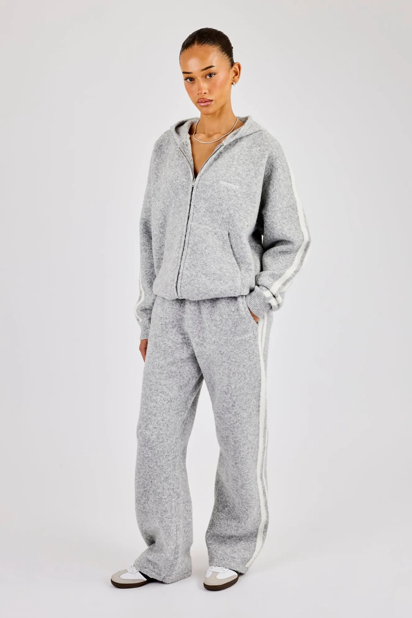 Oversized Knitted Stripe Zip Through & Wide Leg Jogger - Grey