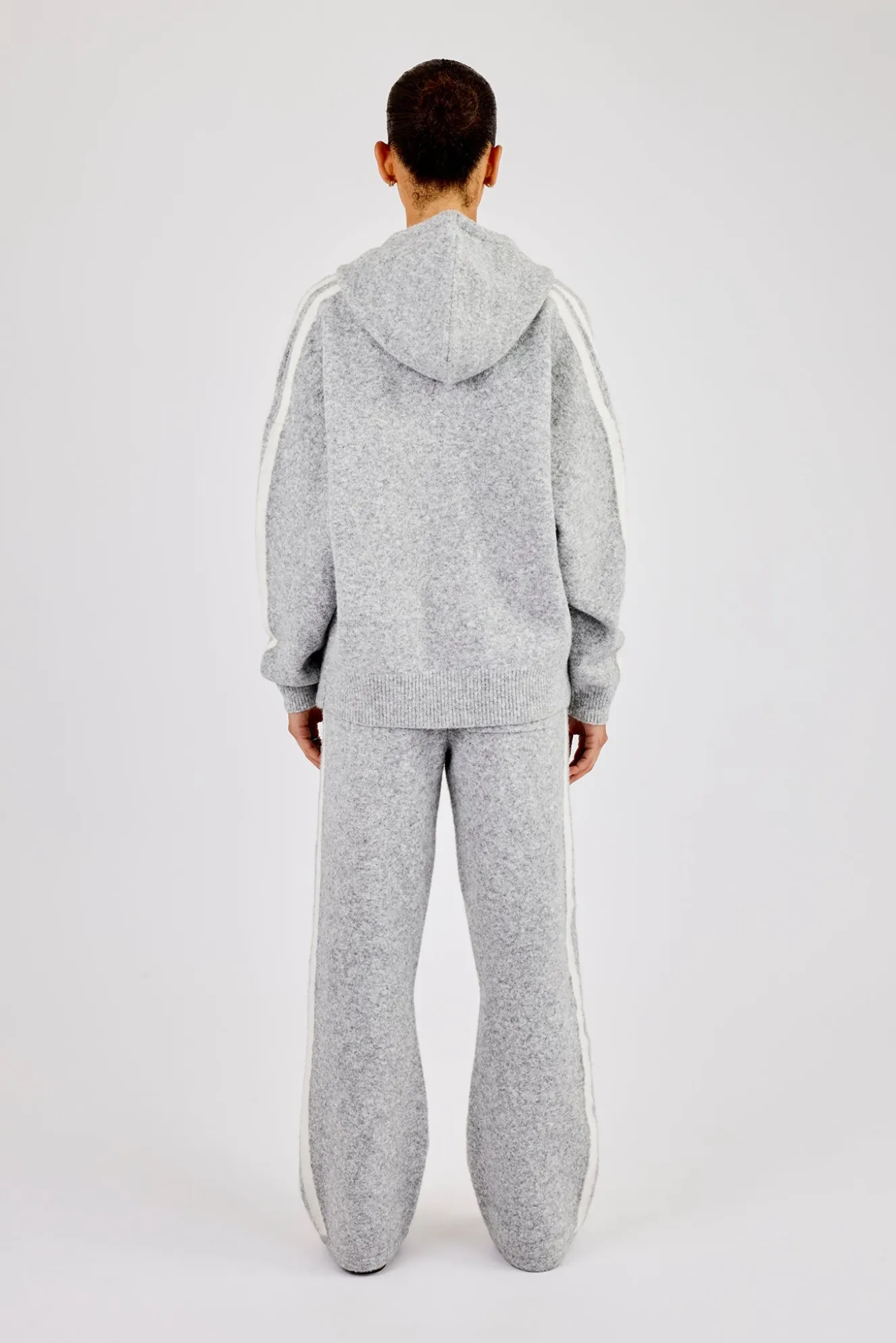 Oversized Knitted Stripe Zip Through & Wide Leg Jogger - Grey