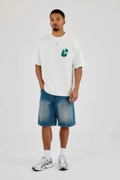 Oversized Layered Sticker Print T-Shirt - Off White