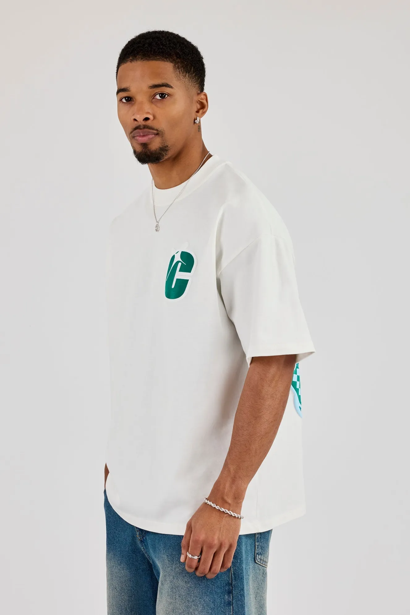 Oversized Layered Sticker Print T-Shirt - Off White