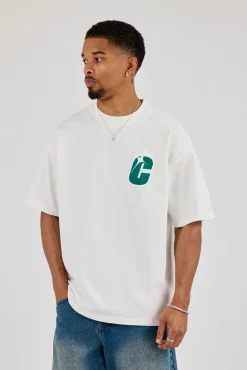 Oversized Layered Sticker Print T-Shirt - Off White
