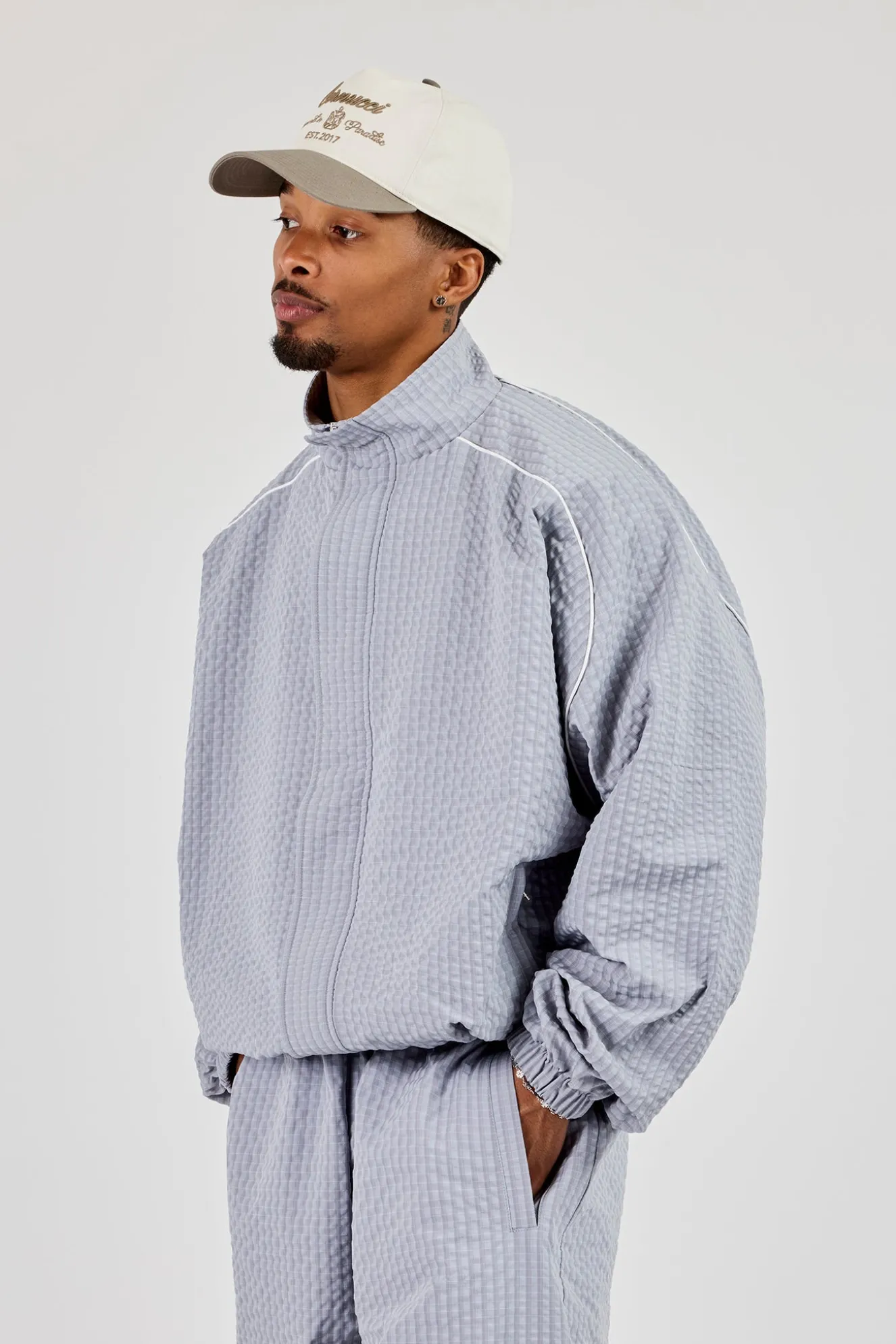Oversized Nylon Check Funnel Neck Jacket - Light Grey
