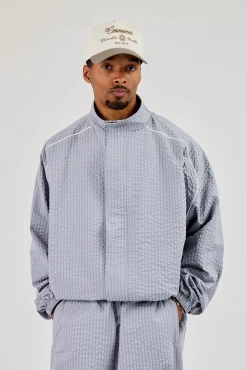 Oversized Nylon Check Funnel Neck Jacket - Light Grey