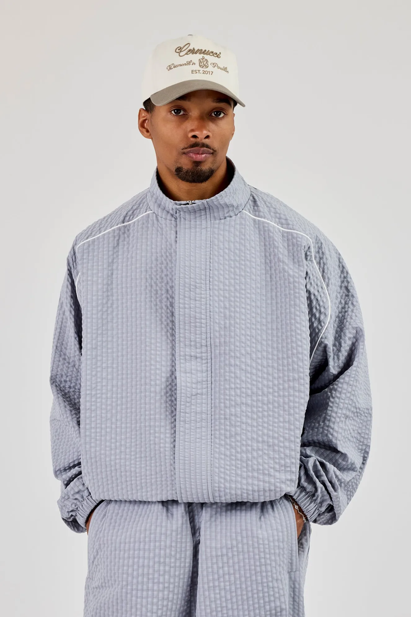 Oversized Nylon Check Funnel Neck Jacket - Light Grey
