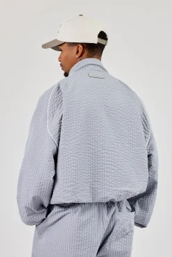 Oversized Nylon Check Funnel Neck Jacket - Light Grey