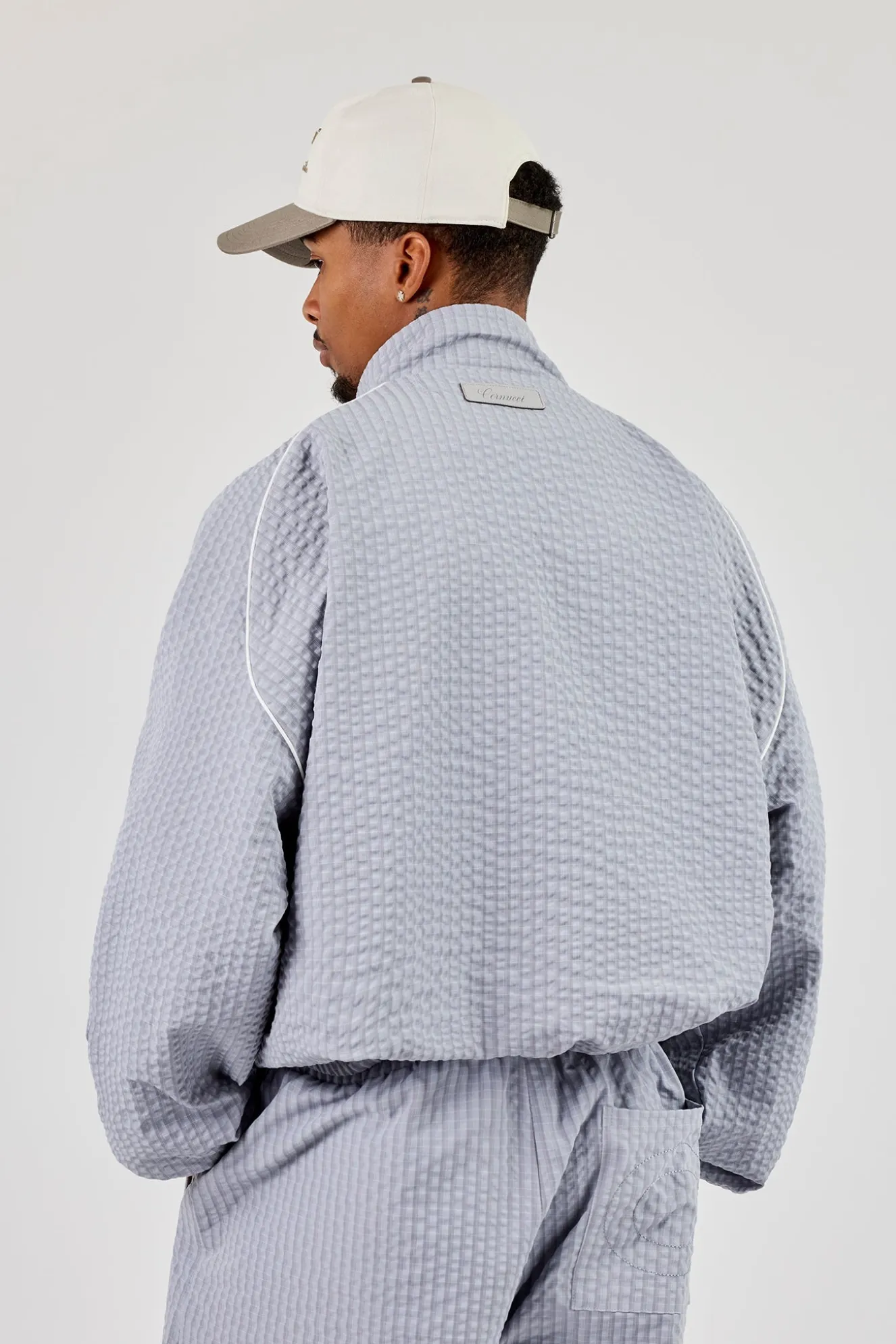 Oversized Nylon Check Funnel Neck Jacket - Light Grey
