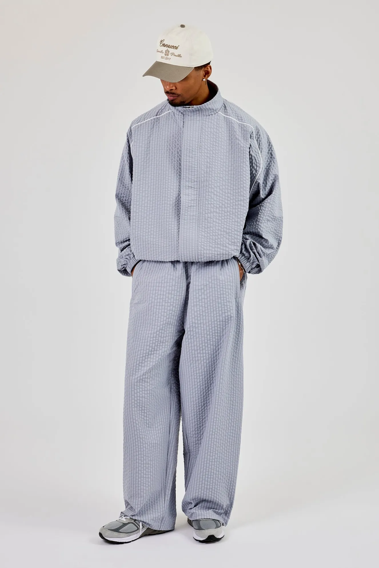 Oversized Nylon Check Funnel Neck Jacket & Trouser - Light Grey