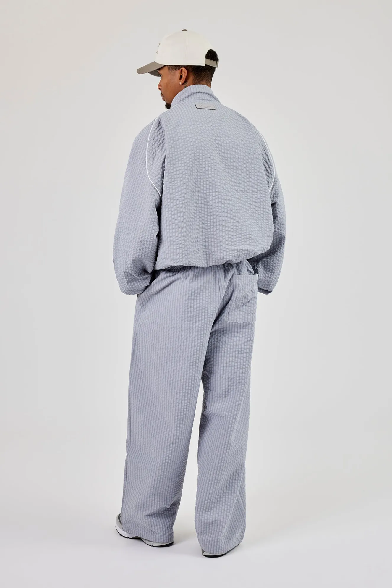 Oversized Nylon Check Funnel Neck Jacket & Trouser - Light Grey