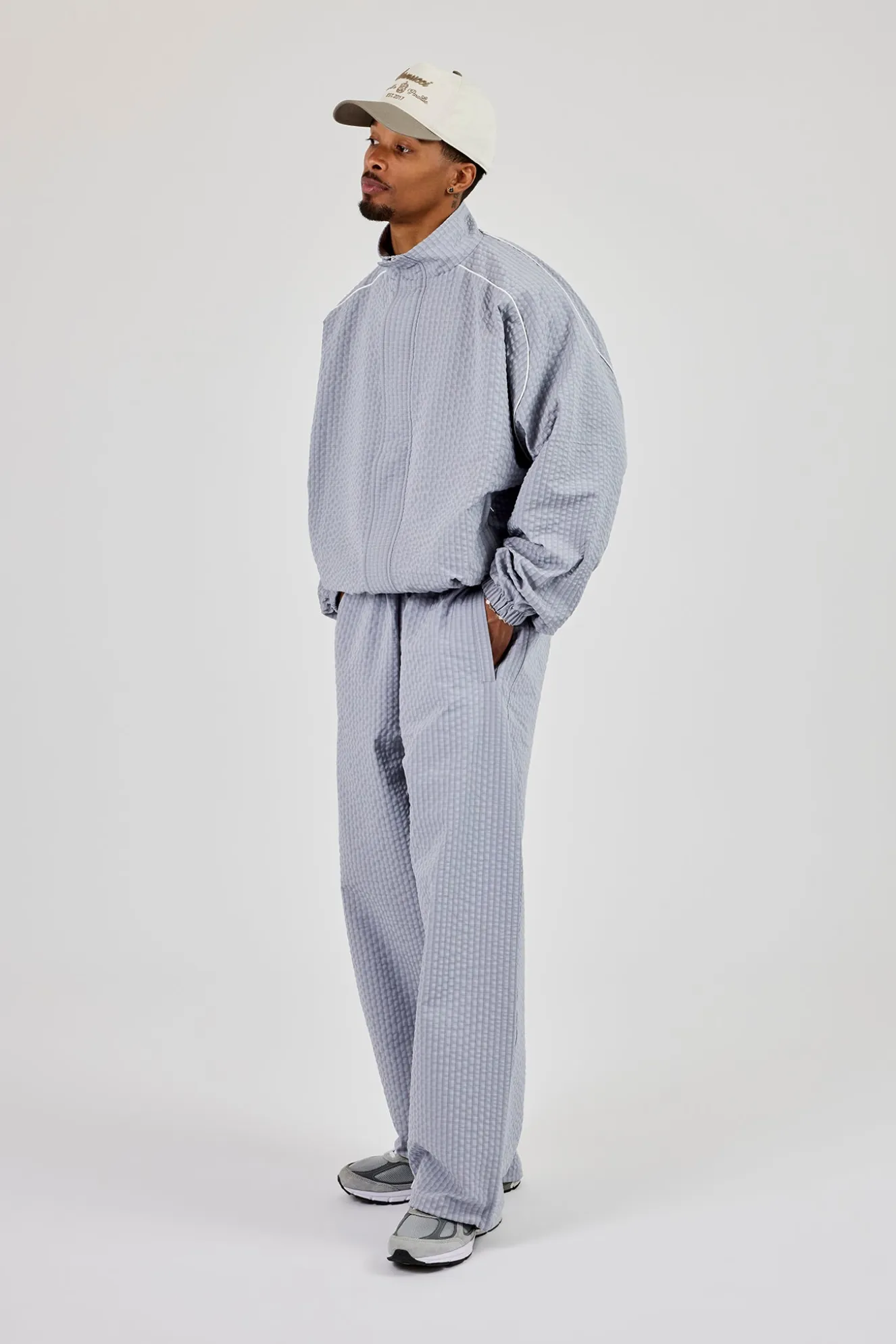 Oversized Nylon Check Funnel Neck Jacket & Trouser - Light Grey
