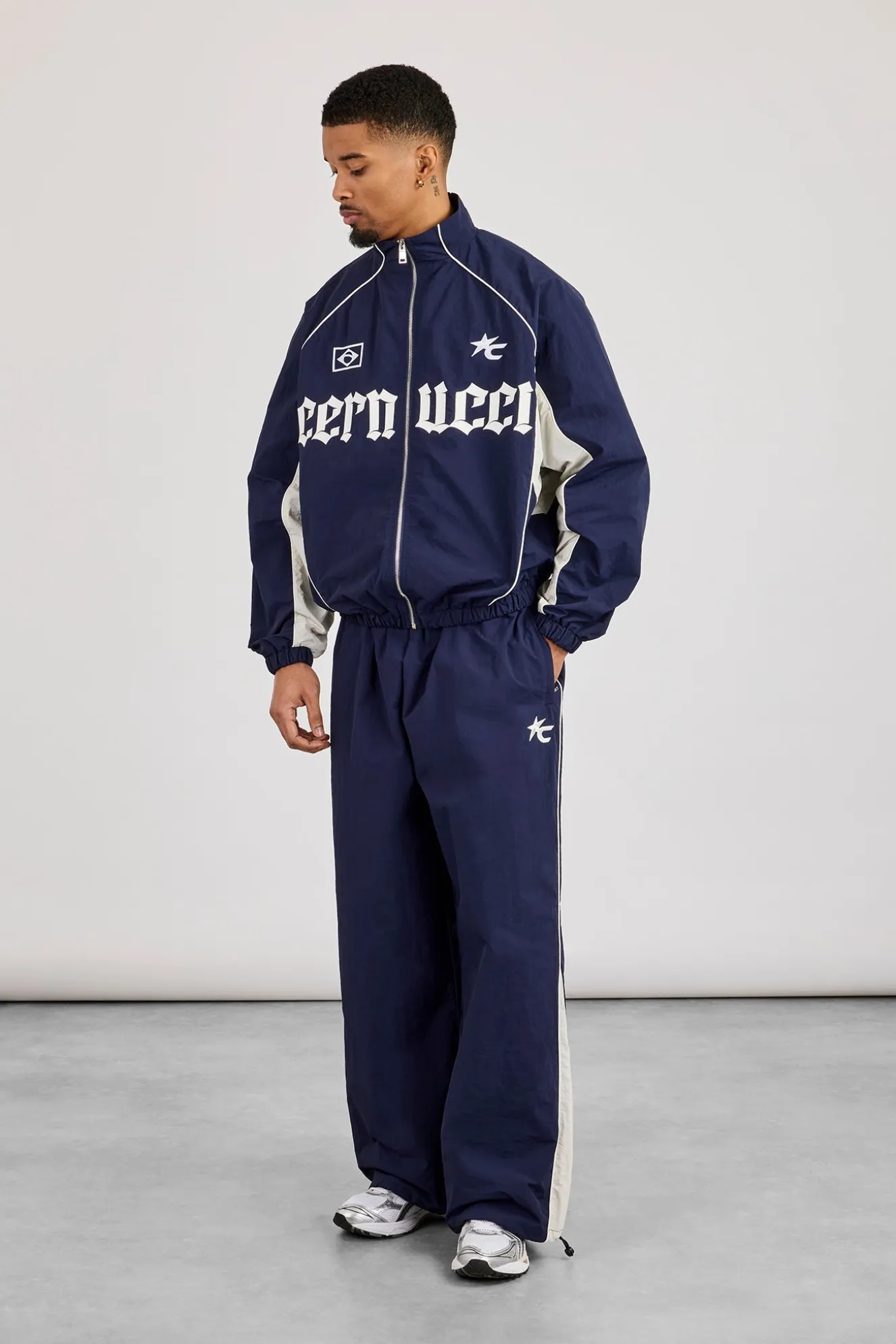 Oversized Nylon Panelled Track Top & Panelled Joggers - Navy