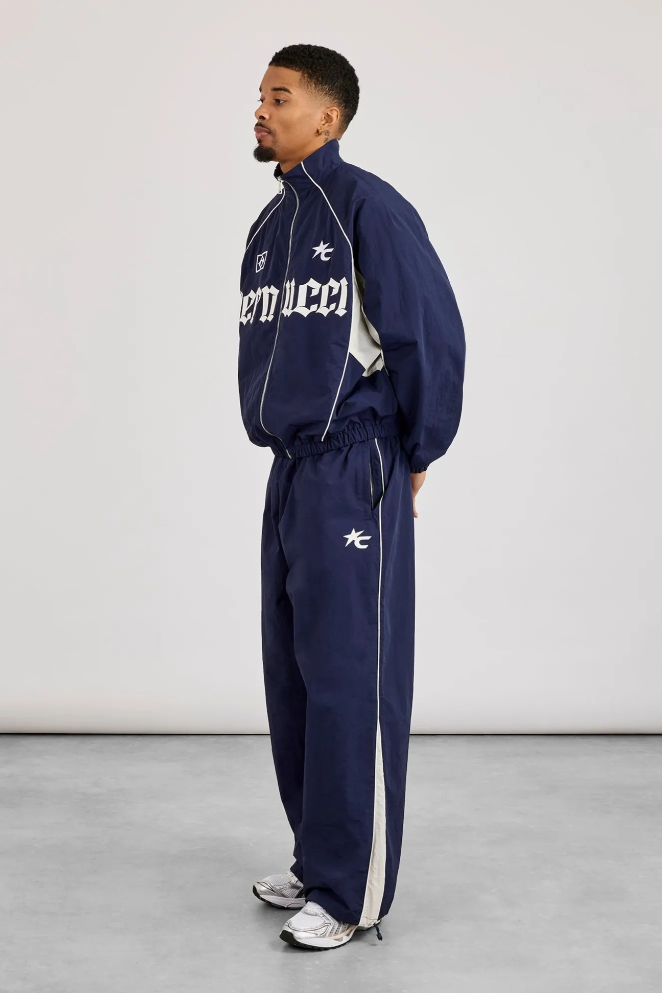 Oversized Nylon Panelled Track Top & Panelled Joggers - Navy
