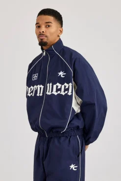 Oversized Nylon Panelled Track Top - Navy