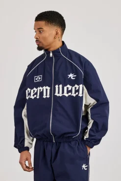 Oversized Nylon Panelled Track Top - Navy