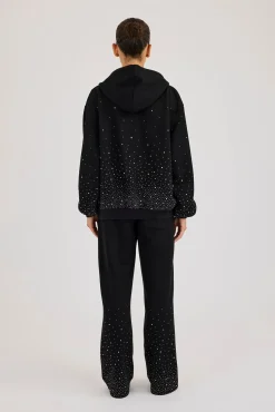 Oversized Rhinestone Zip Hoodie - Black