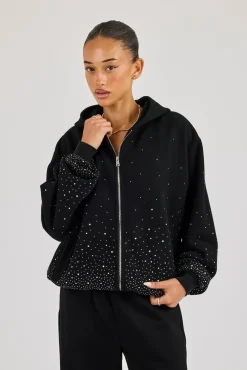 Oversized Rhinestone Zip Hoodie - Black
