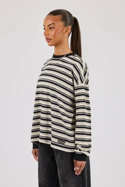 Oversized Stripe Long Sleeve Top - Black