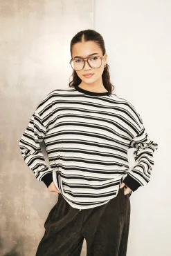 Oversized Stripe Long Sleeve Top - Black