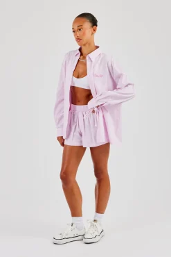 Oversized Stripe Tie Sleeve Shirt - Pink