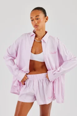 Oversized Stripe Tie Sleeve Shirt - Pink