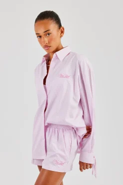 Oversized Stripe Tie Sleeve Shirt - Pink