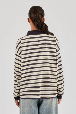 Oversized Textured Stripe Polo Top - Grey
