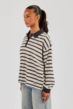 Oversized Textured Stripe Polo Top - Grey