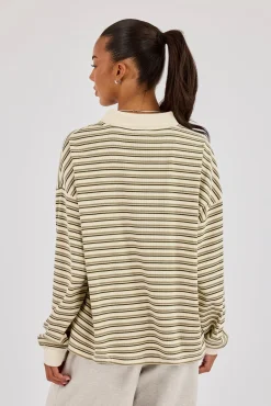 Oversized Textured Stripe Polo Top - Khaki