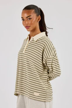 Oversized Textured Stripe Polo Top - Khaki