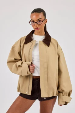 Oversized Twill Harrington Jacket - Beige