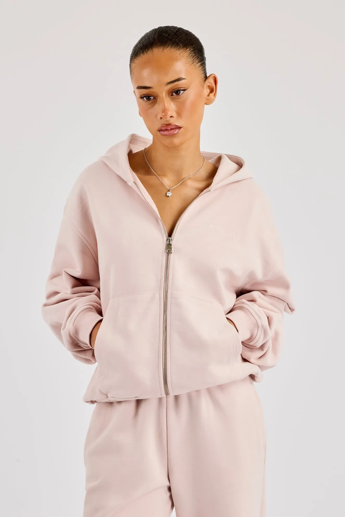 Oversized Zip Through Hoodie - Dusty Pink