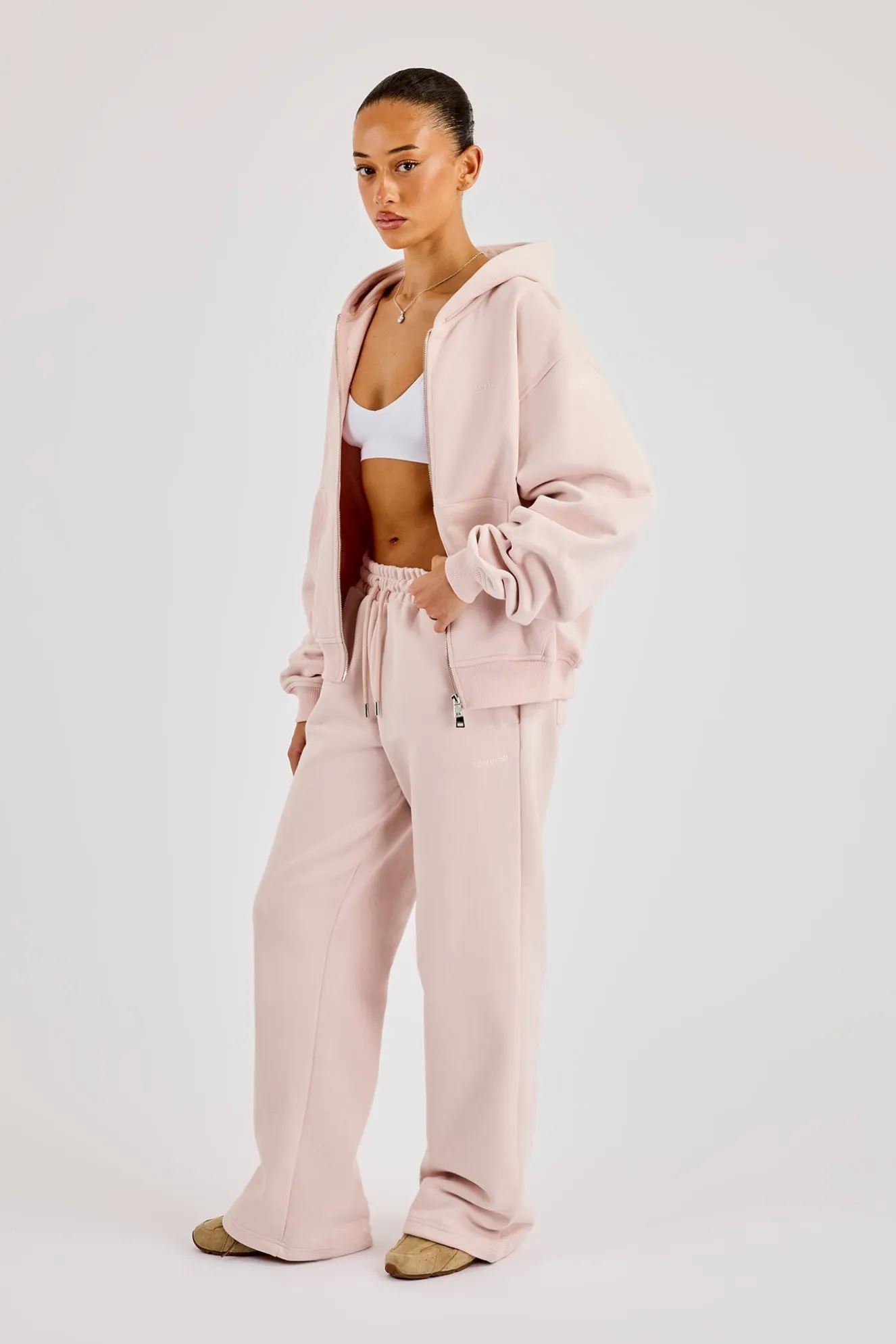 Oversized Zip Through Hoodie - Dusty Pink