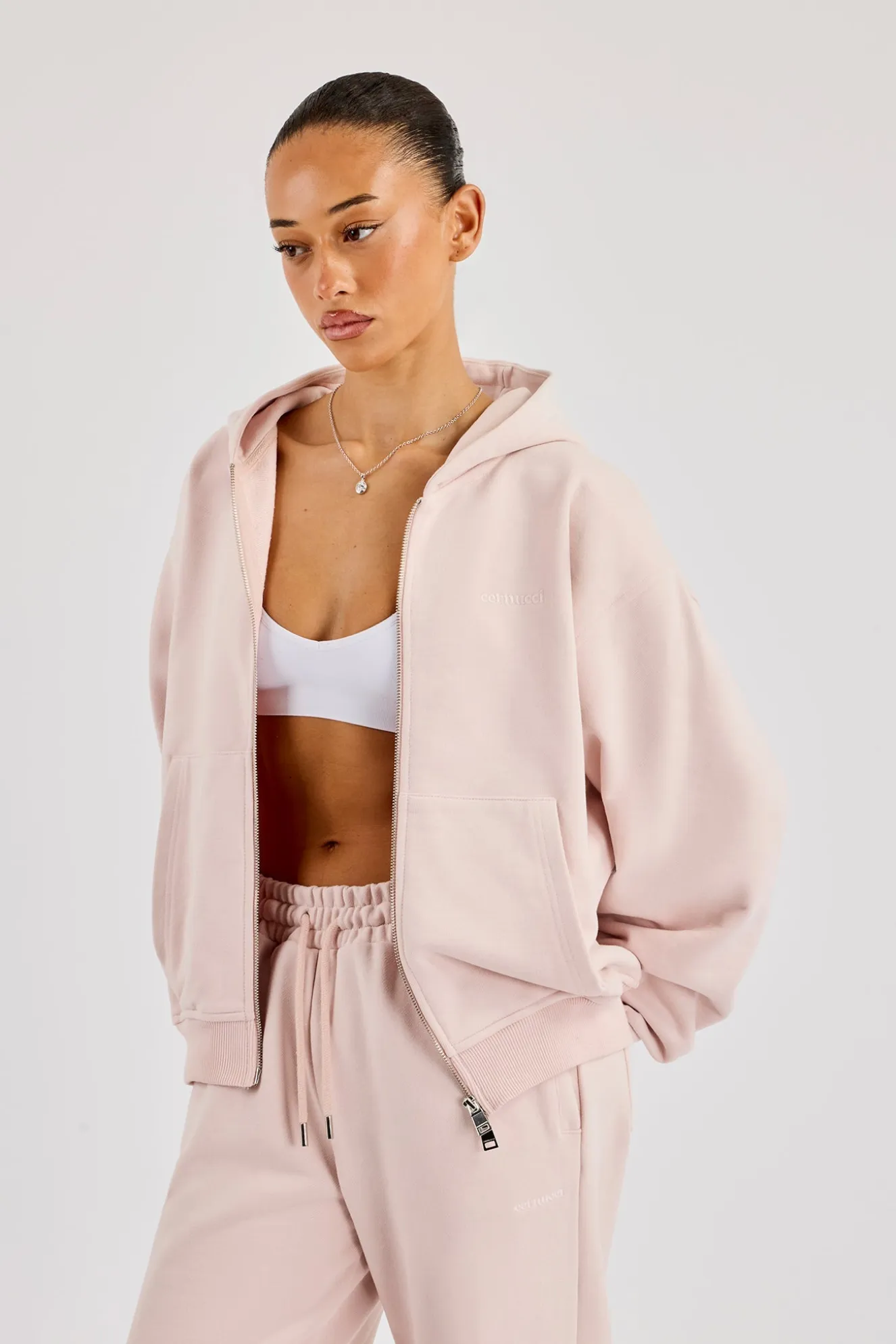 Oversized Zip Through Hoodie - Dusty Pink