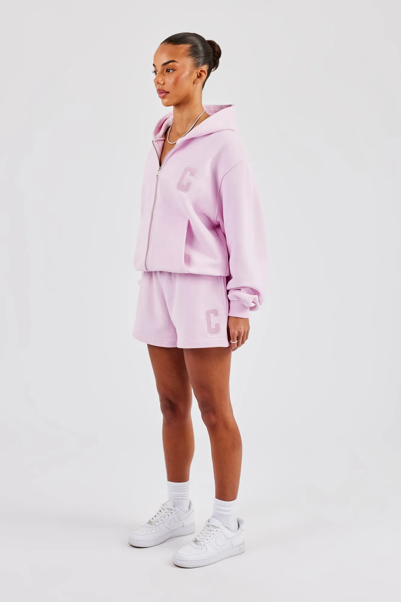 Oversized Zip Through Hoodie & Short - Pink