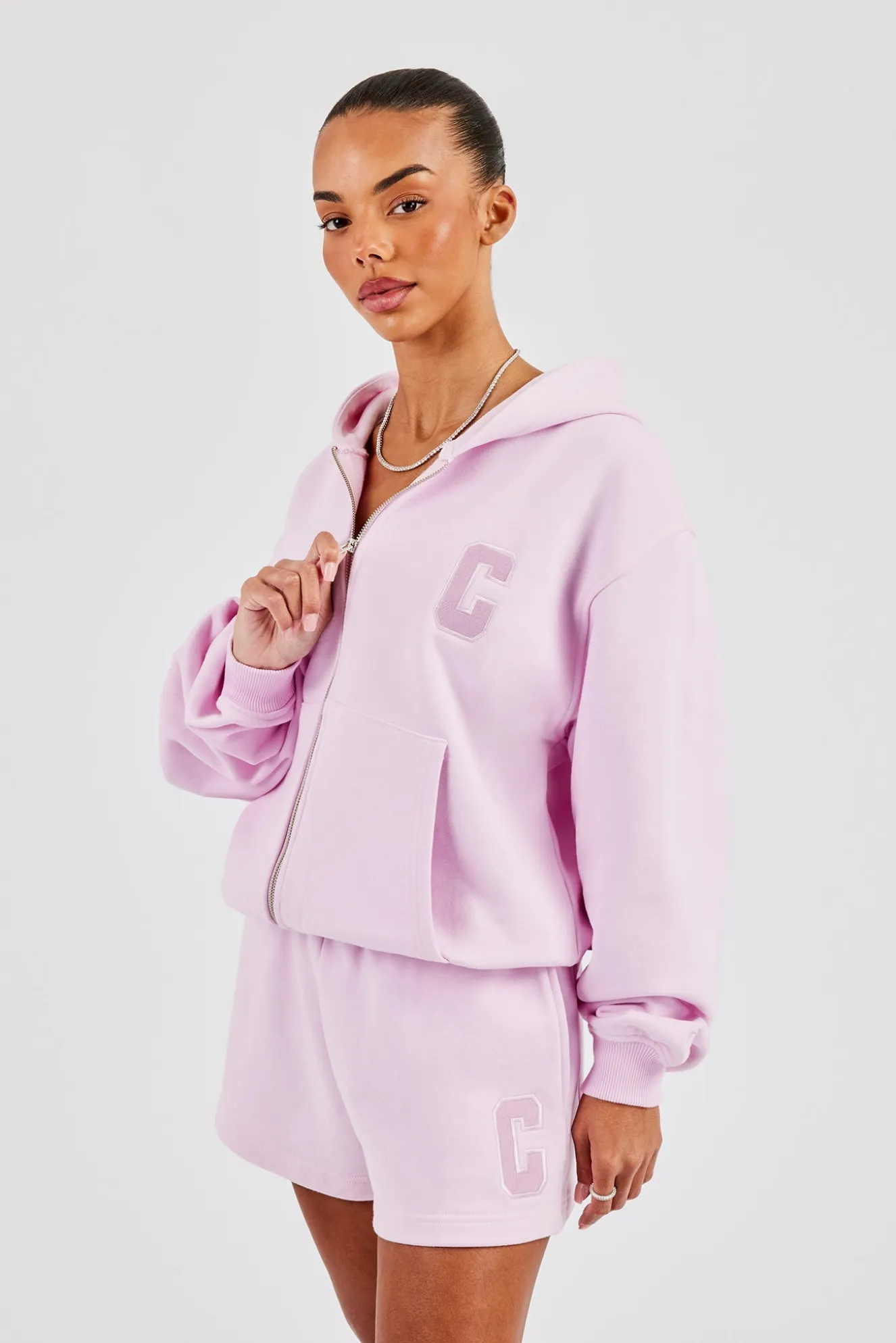 Oversized Zip Through Hoodie & Short - Pink