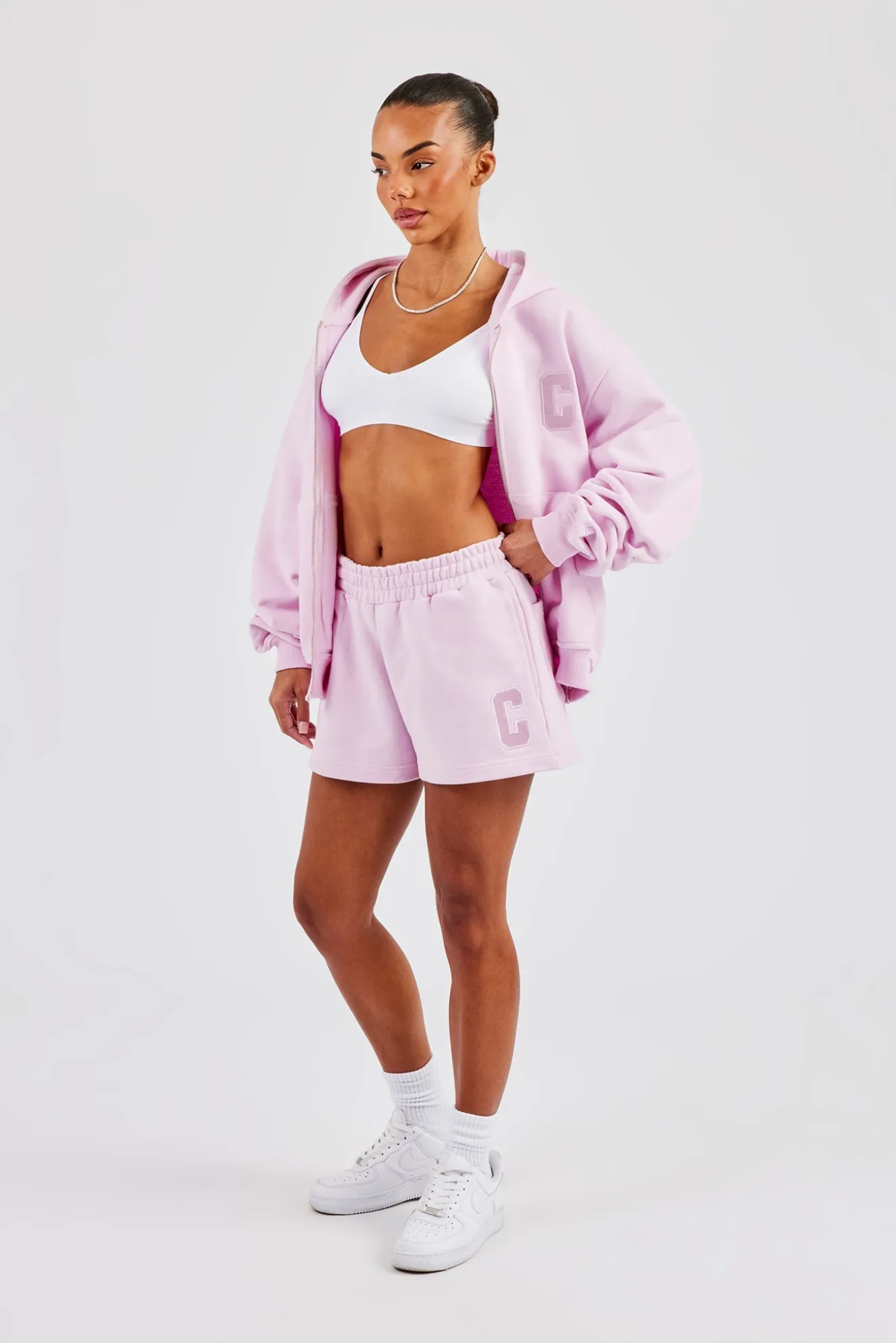 Oversized Zip Through Hoodie & Short - Pink
