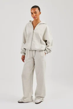 Oversized Zip Through Hoodie & Embroidered Wide Leg Jogger - Ash Grey